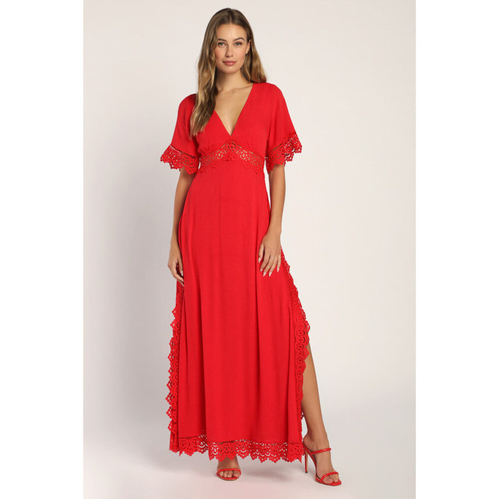 Sweeten the Occasion Red Lace Short Sleeve Maxi Dress